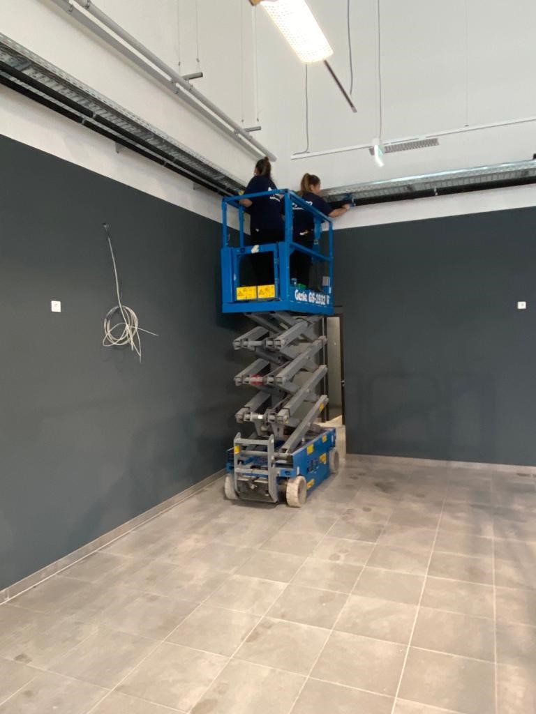 Reinigung von Installationen in Hallen mit Hebebühne.
